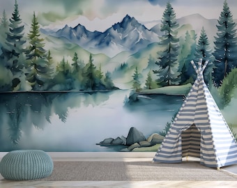Watercolor Forest Mountain Lake Mural, Nursery Wall Decor, Self-Adhesive Removable Wallpaper, Nature Landscape Peel and Stick