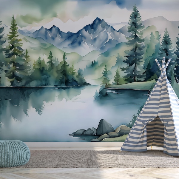 Watercolor Forest Mountain Lake Mural, Nursery Wall Decor, Self-Adhesive Removable Wallpaper, Nature Landscape Peel and Stick