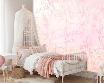 Pink Floral Wallpaper Peel and Stick Girl Nursery, Wildflower wallpaper Baby Girl Bedroom, Flower Wallpaper Kids Room Rose Wall paper