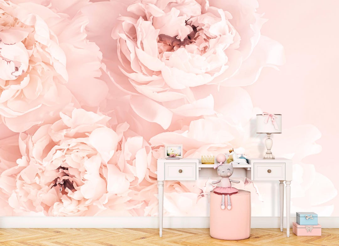 Pink Peony Wallpaper, Large Floral Wall Mural, Soft Blush Flower Art ...