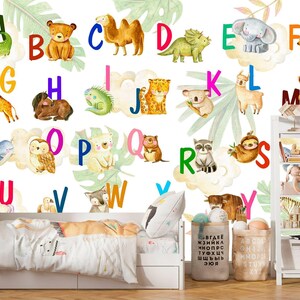 Watercolor Animal Wallpaper Peel and Stick Toddler Girl Bedroom,  Alphabet Wall Paper Mural Nursery, Watercolor Playroom Wallpaper Removable