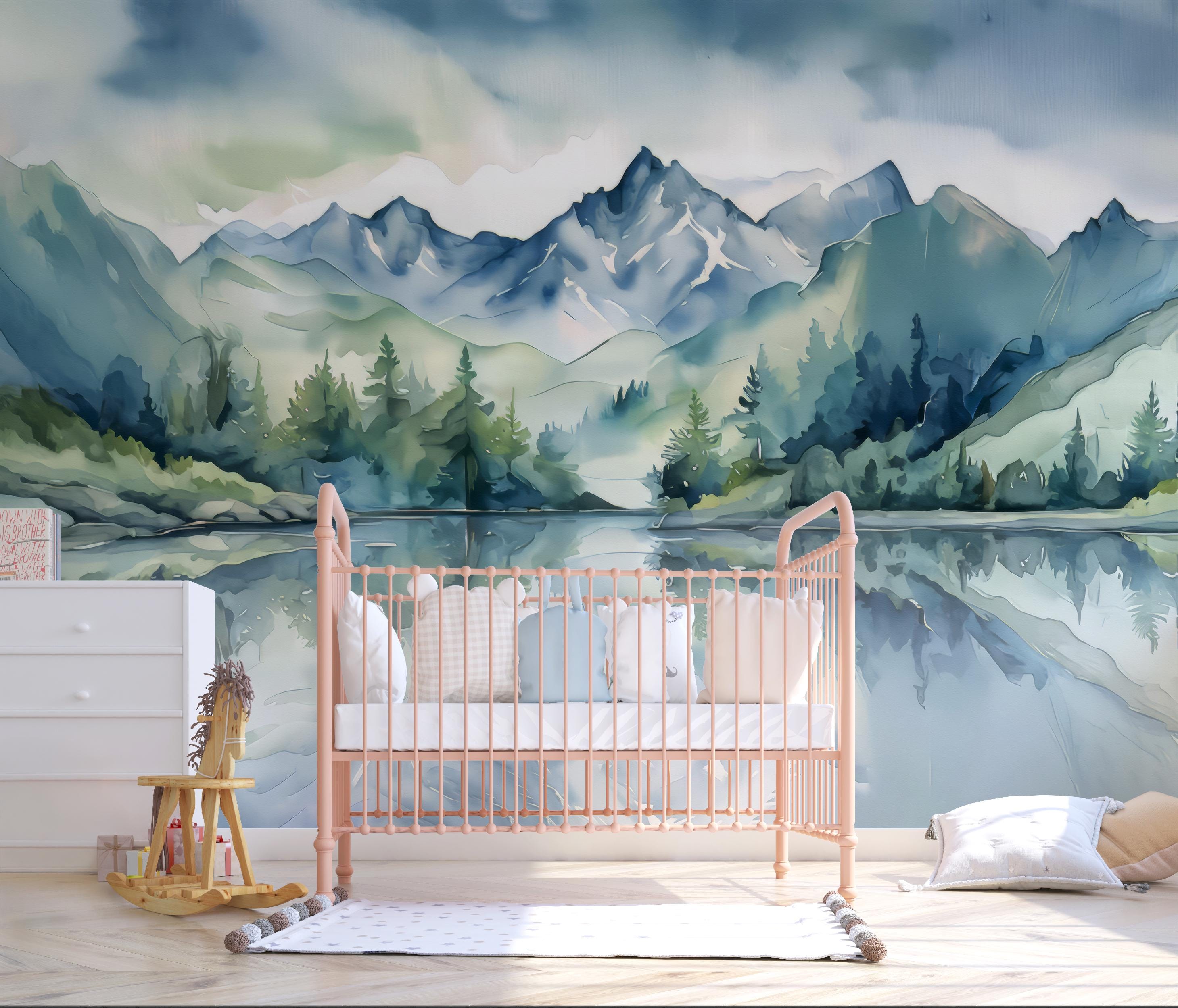 Mountain Nursery Wall Mural – Watercolor Forest Landscape Wallpaper for ...