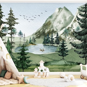 Woodland Nursery Wallpaper with Mountains, Forest Animal Wall Mural, Peel and Stick for Kids Room & Playroom, Adventure Theme Decor