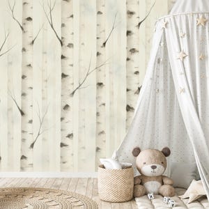 Birch Tree Wallpaper, Woodland Nursery Decor, Scandinavian Wall Mural, Removable Peel and Stick Wallpaper, Calming Woodland Nursery Mural