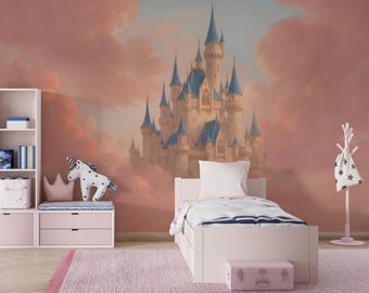 Fairytale Castle Wall Mural, Princess Room Decor, Pink Clouds Wallpaper