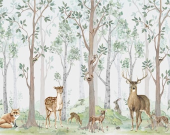 Whimsical Woodland Animal Wallpaper, Forest Nursery Mural, Deer Fox Owl Rabbit, Peel and Stick or Traditional Wall Mural