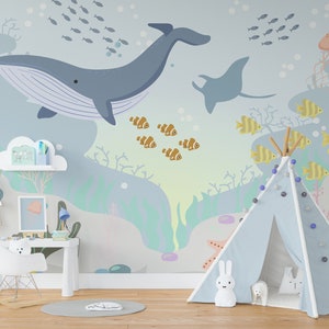 Ocean Wallpaper for  Nursery Blue Adhesive,  Sea Creatures Wallpaper Mural Removable, Nautical Wallpaper Peel and Stick. Non Woven Bedroom