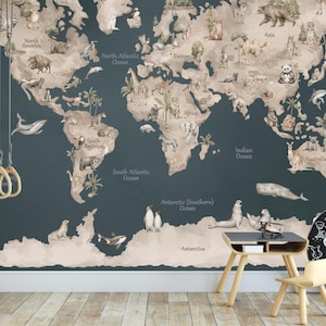 Kids World Map Wallpaper with Animals, Nursery Wall Mural, Peel and Stick Blue Map for Playroom, Educational Children's Wall Art Decor