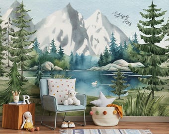 Watercolor Mountain Nursery Wall Mural | Woodland Forest & Lake Wallpaper | Nature Inspired Kids Room Decor | Peel and Stick Adventure Mural
