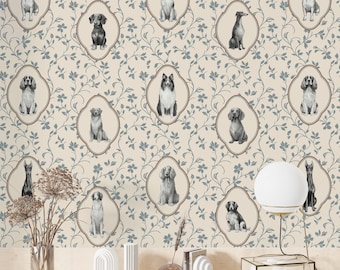 Dog Wallpaper Peel and Stick, Royal Wallpaper Bathroom, Grooming Salon Wall Accent Decor, Powder Room Wallpaper Roll Removable Victorian