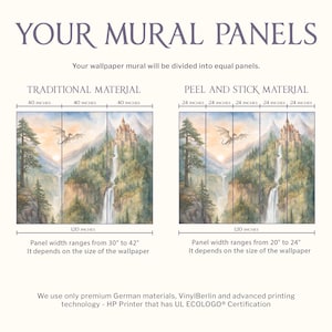 The image is a comparison of two different types of wall mural panels, one being traditional material and the other being peel and stick material. The text provides information about the size and dimensions of each panel, as well as the materials used.