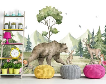 Woodland Wallpaper for Kids Nursery Removable, Watercolor Bear Deer Wall Mural Self-Adhesive, Woodland Animals Wallpaper Peel & Stick