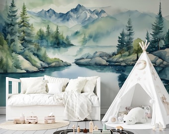 Kids Room Wall Mural, Watercolor Mountain Wall Mural, Nature Landscape Wallpaper, Lake and Forest Wall Decor, Scenic Nursery Wallpaper