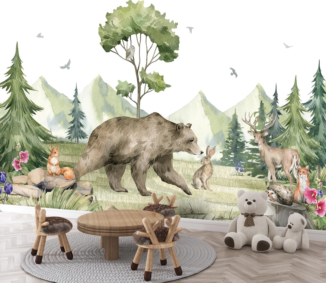 Woodland Animals Wall Mural, Watercolor Forest Bear & Deer, Peel and ...