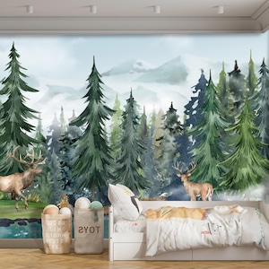 Watercolor Forest Wallpaper, Misty Mountain Mural with Deer, Peel and Stick Kids Room, Pine Tree & Elk Woodland Decor