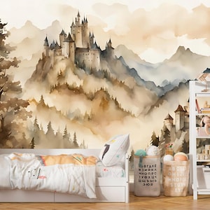 Magic Kingdom nursery eco-friendly mural, removable fairytale toddler girls room wallpaper, peel and stick accent wall forest covering