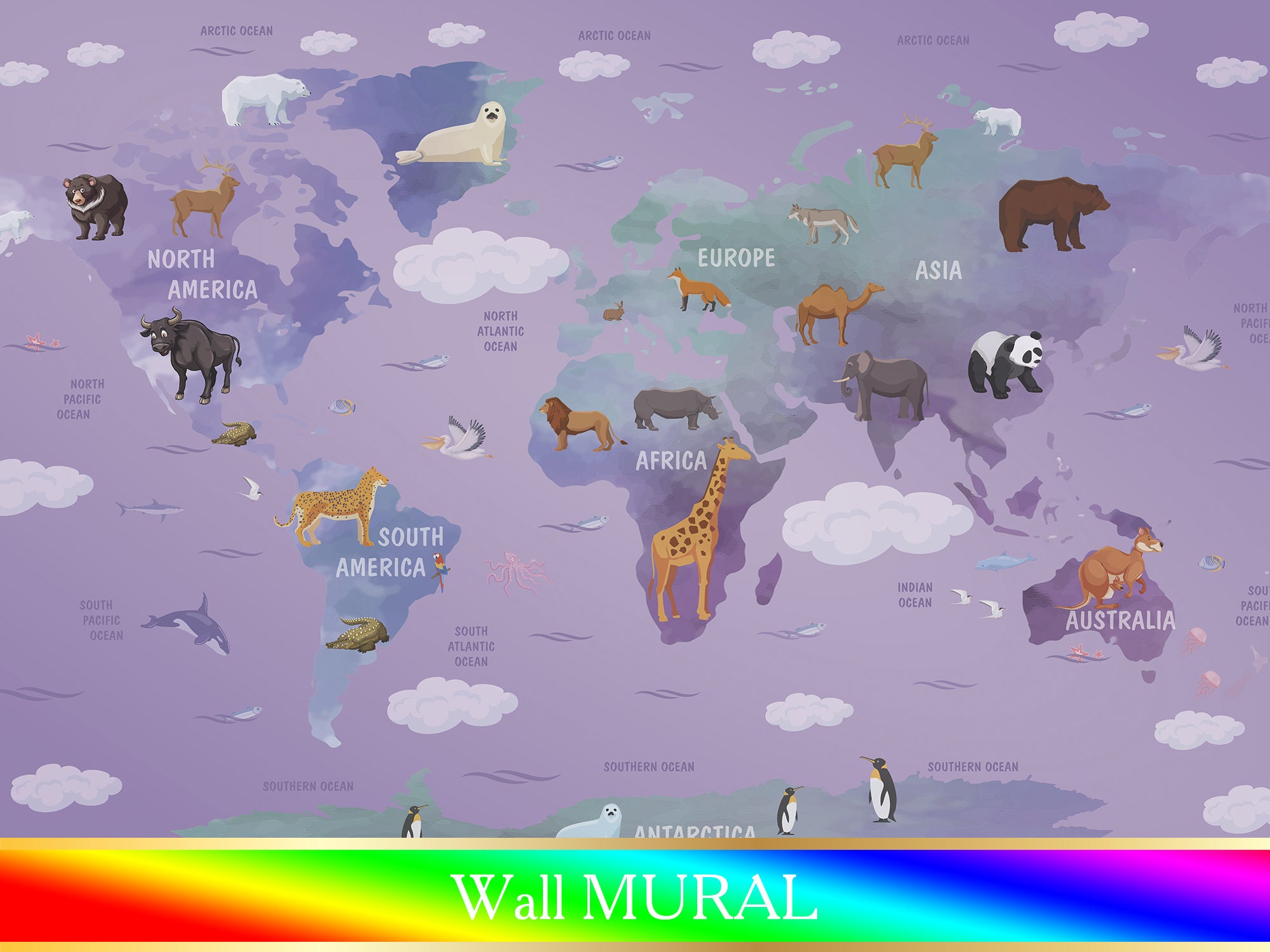 Animal Nursery World Map Wallpaper Watercolor World Map Wall Art, Map