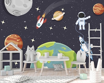 Galaxy Wallpaper Mural Baby Boy Room Removable. Spaceman Wallpaper Dark Wallpaper Bedroom Peel and Stick.  Galaxy Boy Nursery Wall Decor