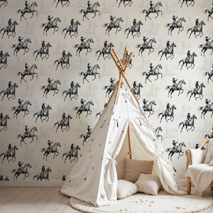White hand drawn western watercolor wallpaper, cactus living room pattern wall covering paper, cowboy on horse wild west southwestern decor