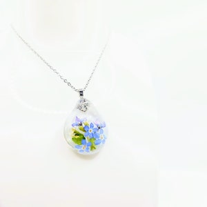 Forget-Me-Not Water Ripple Raindrop Pendant Necklace / Real Flower Raindrop Pendant Necklace / Flower Charm Necklace
