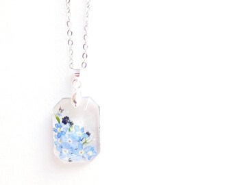 Forget-Me-Not Pendant Necklace / Rectangle Necklace / Real Flower Pendant Necklace / Blue Flower Charm Necklace / Enchanted Garden / 815amUK