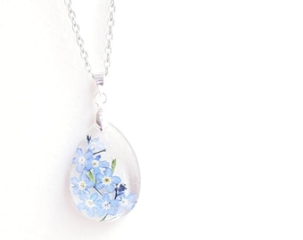 Forget-Me-Not Pendant Necklace / Flower Necklace / Real Flower Oval Pendant Necklace / Flower Charm Necklace / Enchanted Garden / 815amUK