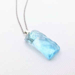 Water Ripple Rectangular Pendant Necklace /  Water Ripple Iridescent Blueish-Green Charm Necklace