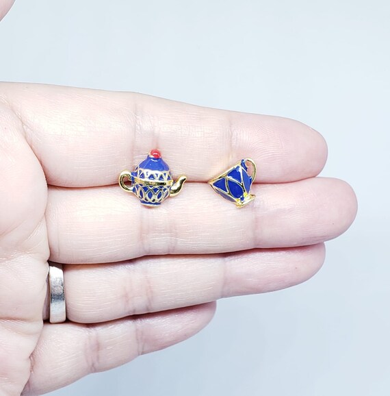 Blue Teapot Teacup Studs Earrings / Asymmetrical Handmade Etsy