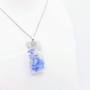 Forget-Me-Not Water Ripple Rectangle Pendant Necklace / Real Flower Rectangle Pendant Necklace / Flower Charm Necklace