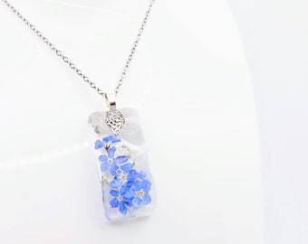 Forget-Me-Not Water Ripple Rectangle Pendant Necklace / Real Flower Rectangle Pendant Necklace / Flower Charm Necklace