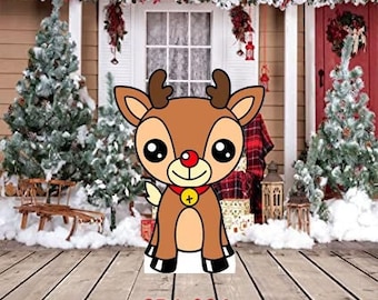 Hand Painted baby Rudolph the Red Nosed Reindeer yard art/ Christmas yard art/ reindeer yard art/ Christmas lawn/ wooden yard art