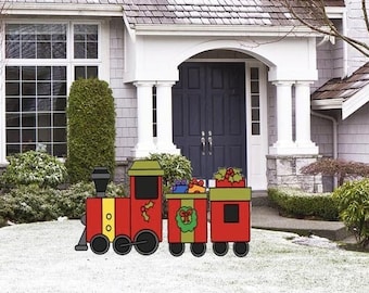 Hand Painted Christmas train yard art/christmas yard art/ wooden yard art/ train yard art