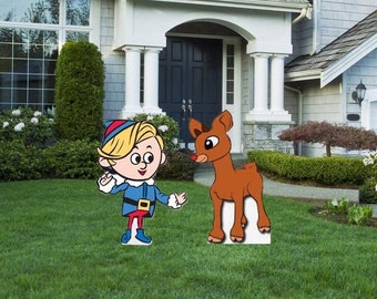 Hand Painted Rudolph the Red Nosed Reindeer /Hermey the Elf/ Christmas yard art/ Wooden yard art
