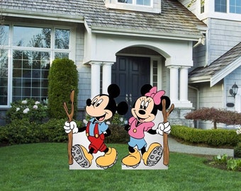 hand painted Mickey and Minnie hiking yard art/ Disney yard art/ Summer yard art/ Camping/ Disney camp/ Mickey camp/ Disney lawn