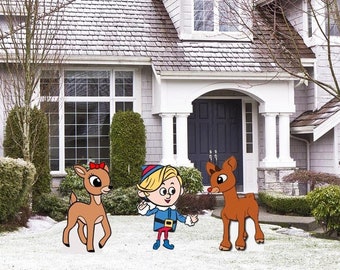 Hand Painted Rudolph the Red Nosed Reindeer /Clarice yard art/Hermey the Elf/ Christmas yard art/ Wooden yard art