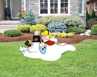 Hand Painted Frosty The Snowman and Karen sledding yard art set