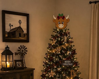 Hand painted Highland cow Christmas tree topper/ Wooden tree topper/ Highland cow tree topper/ Christmas tree topper/ Cute Highland cow