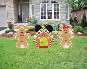 hand painted Disney Mickey and Minnie gingerbread house CHRISTMAS Yard Art set/Disney yard art/ Disney yard decor/ Mickey Mouse yard/