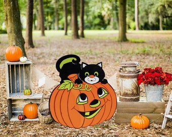 Hand Painted Vintage Jack-o-lantern and Cat Halloween yard art/ halloween yard art/ halloween lawn/ halloween outdoor/ pumpkin decor