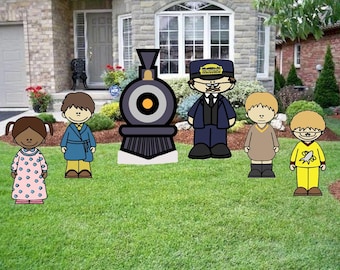 May include: A cartoon illustration of a train, a conductor, and five children. The train is black and gray with a yellow circle in the center. The conductor is wearing a blue uniform with a black hat and a name tag that says "Conductor". The children are wearing various clothing, including a blue robe, a brown sweater, a yellow shirt with a rocket, and a pink and blue pajamas.