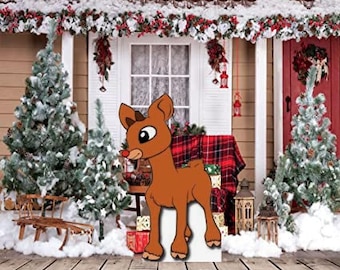 Hand Painted Rudolph the Red Nosed Reindeer yard art/ Christmas yard art/ reindeer yard art/ Christmas lawn/ wooden yard art