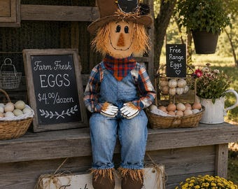 May include: A scarecrow doll wearing a brown hat with a black bird, a plaid shirt, and blue denim overalls. The doll sits in front of signs reading Farm Fresh EGGS, Farm Fresh EGGS $4.00/dozen, and Fresh EGGS Laid Daily, surrounded by baskets of eggs.