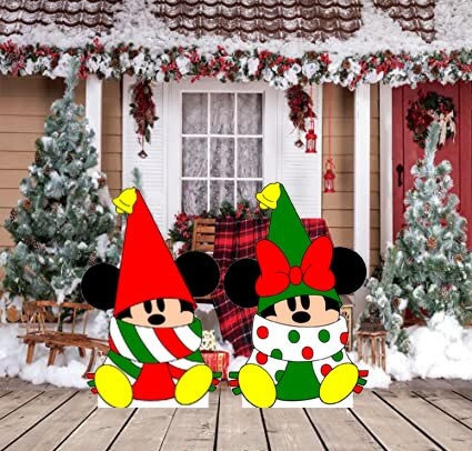 Hand Painted Disney Mickey and Minnie Mouse Christmas Gnomes Sitting