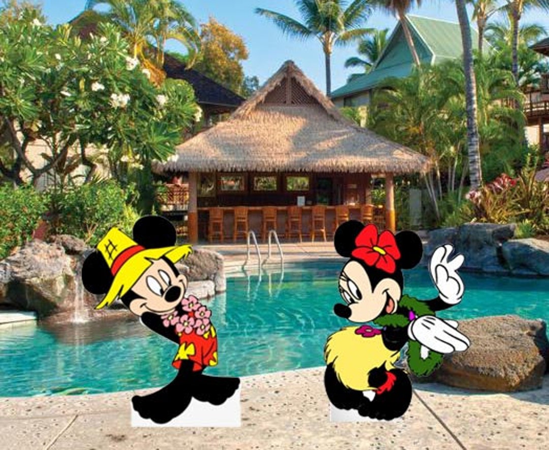 Hand Painted Disney Summer Hula Mickey and Minnie Mouse Yard Art Set