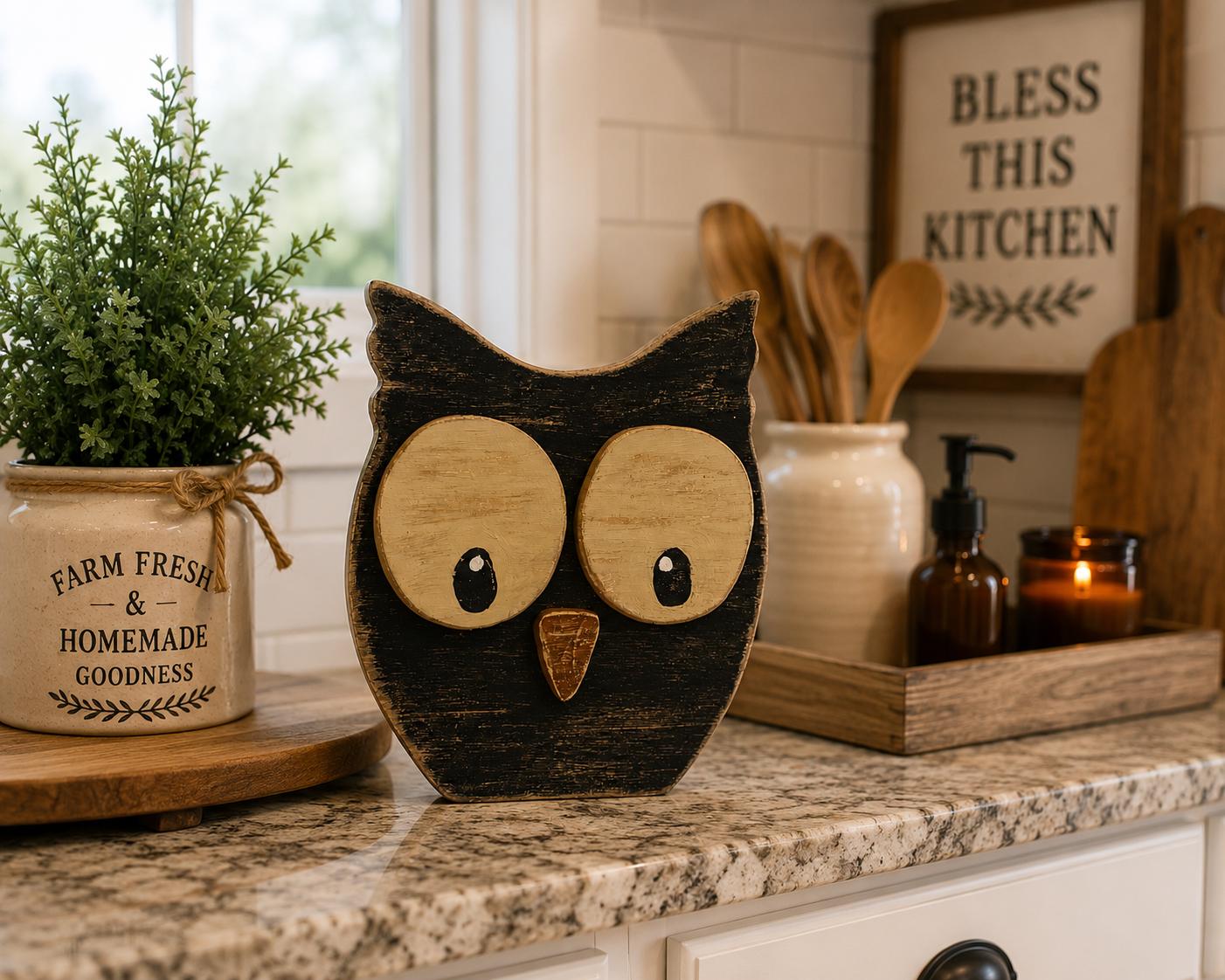 Primitive Owl Shelf Sitter & Wall Decor &ndash; Rustic Farmhouse Owl &ndash; Hand Painted Wood O