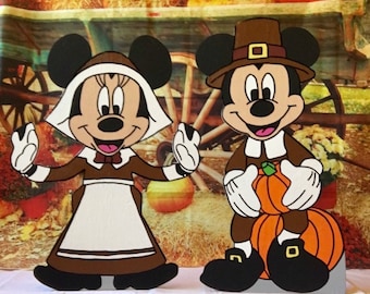 hand painted Disney Mickey and Minnie Thanksgiving yard art/Disney yard art/ Disney yard decor/ Mickey Mouse yard/Mickey Mouse decor/ wooden