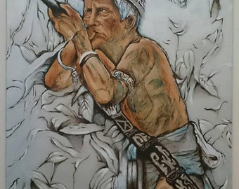Vintage Dayak Warrior Portrait Painting, Indigenous Tribal Art