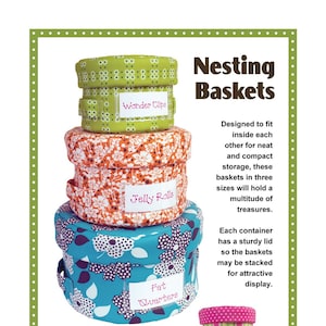 May include: A set of six nesting fabric storage baskets with colorful floral patterns and labels that read "Wonder Clips", "Jelly Rolls", "Fat Quarters", "Hair Stuff", "Socks", and "Panties".