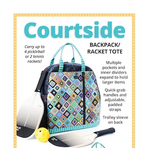 May include: A colorful backpack with a geometric pattern and a matching tote bag. The backpack has a trolley sleeve on the back and adjustable padded straps. The tote bag has multiple pockets and inner dividers. The text "Courtside" is at the top of the image. The text "BACKPACK/RACKET TOTE" is below the image of the backpack. The text "Multiple pockets and inner dividers expand to hold larger items" is below the image of the tote bag. The text "Quick-grab handles and adjustable, padded straps" is below the text "larger items". The text "Trolley sleeve on back" is below the text "padded straps". The text "Perfect for travel or an active lifestyle!" is in the lower left corner of the image. The text "Includes coupon for $5 Add-On Video Tutorial" is in the lower right corner of the image. The text "byannie.com ... what's in your bag?" is at the bottom of the image.