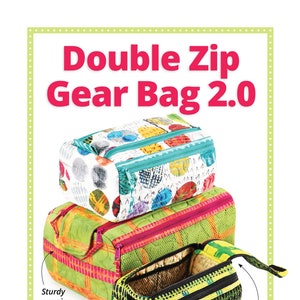 May include: Image of three Double Zip Gear Bags 2.0 in different sizes and patterns. The bags have a sturdy carrying handle and a double-zip flap for easy access. The bags are in various colors, including green, yellow, and white.